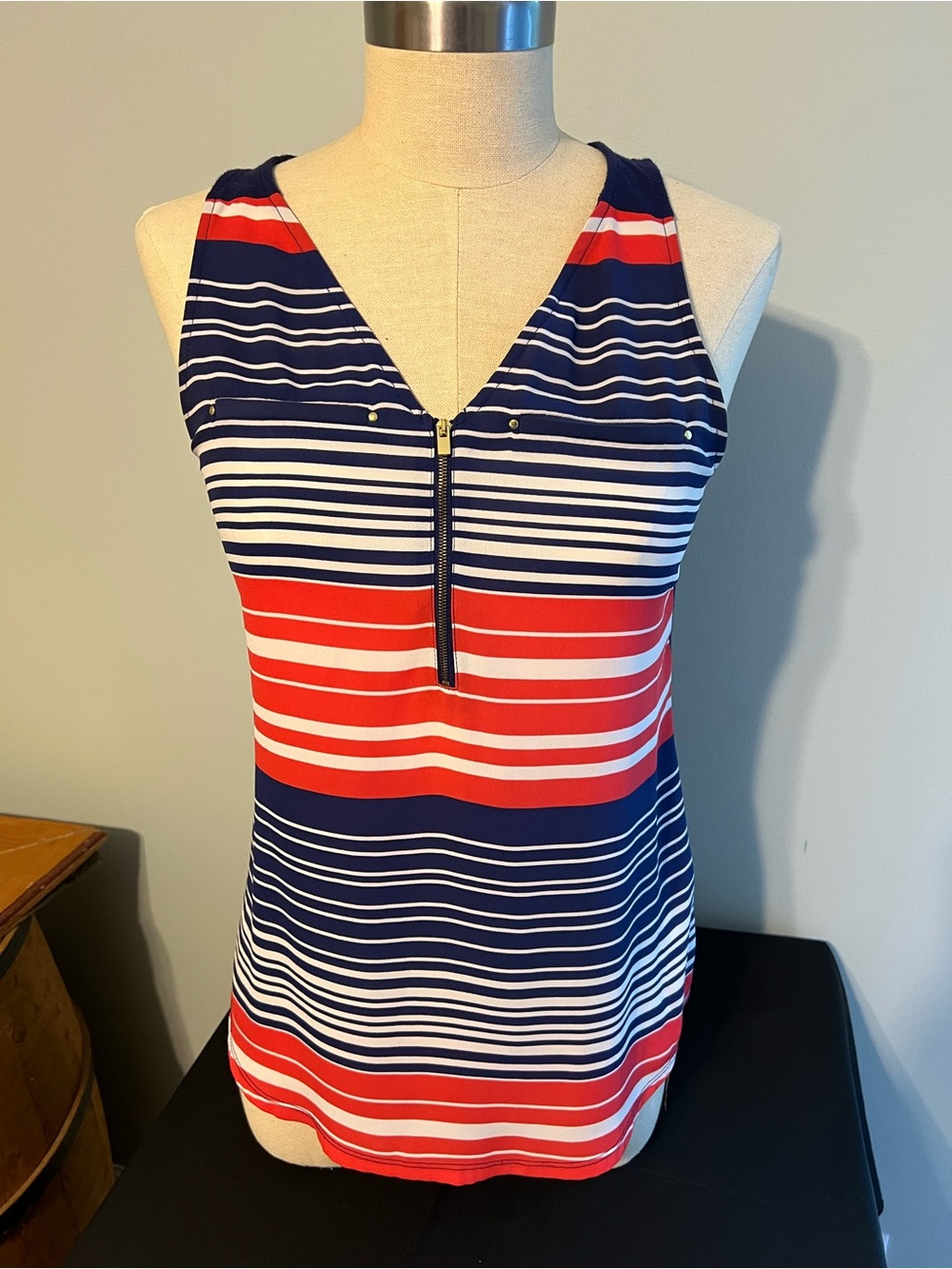 Express Red, Navy & White Striped Zip-Front blouse